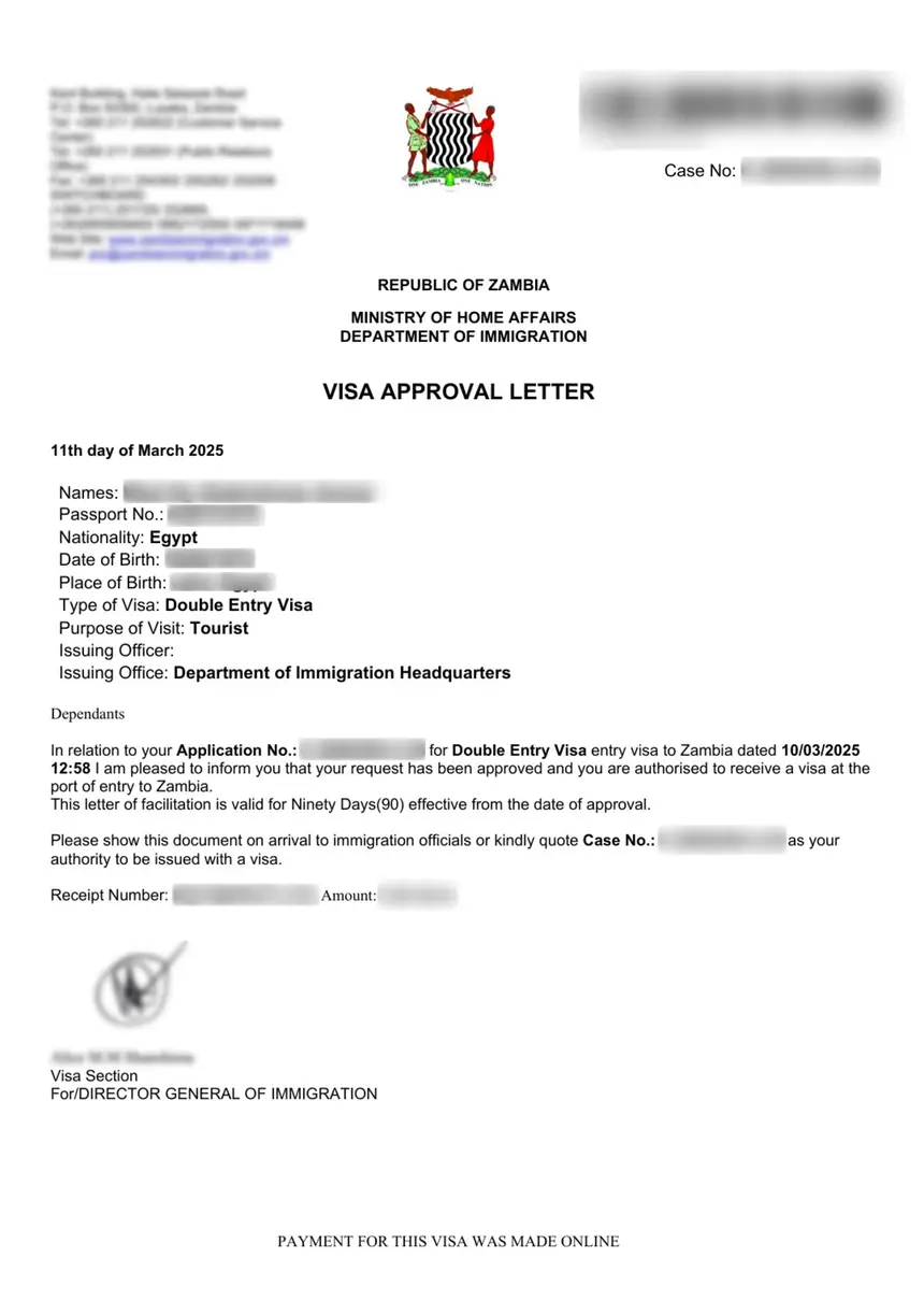 Sample Zambia eVisa Approval Letter